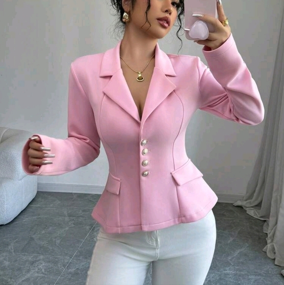 Jackets & Blazers - Women's Fitted Pink Shirt With Faux Pocket And Collar